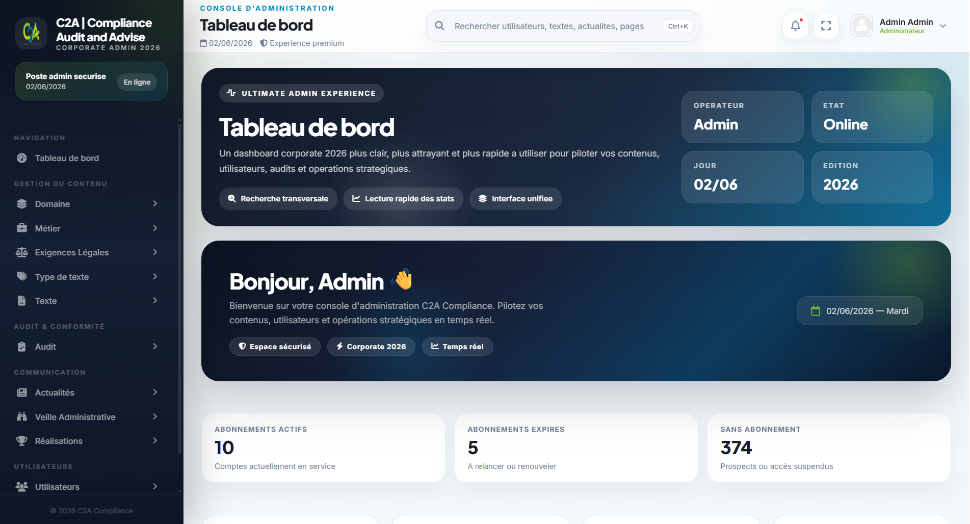 Dashboard admin c2a